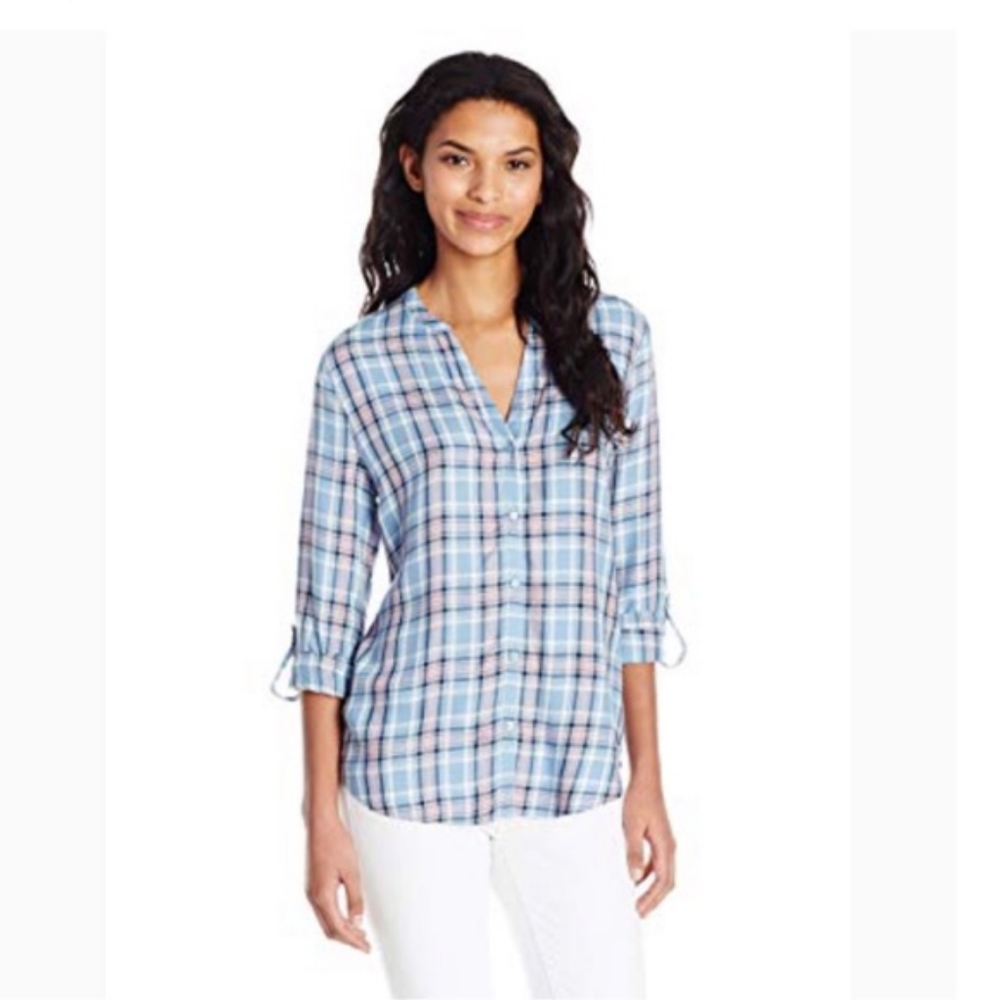 Soft Joie Top Dane Blouse Plaid Shirt Button Down Blue Pink Spring Summer Boho